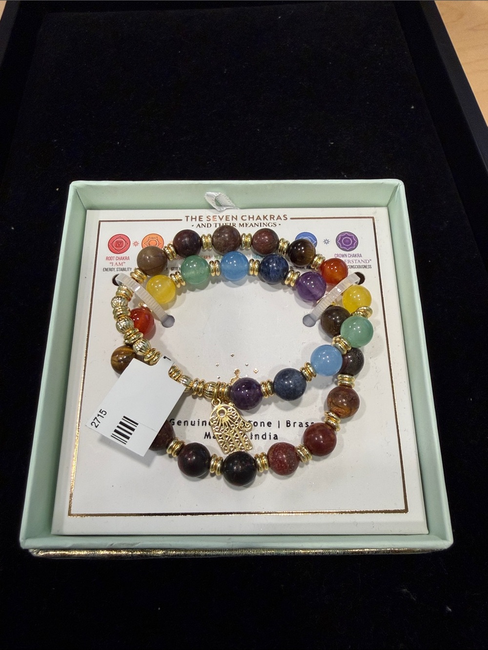 Shivam Seven Chakra Multicolor Beaded Gemstone Bracelets with Gold Accents, NIB